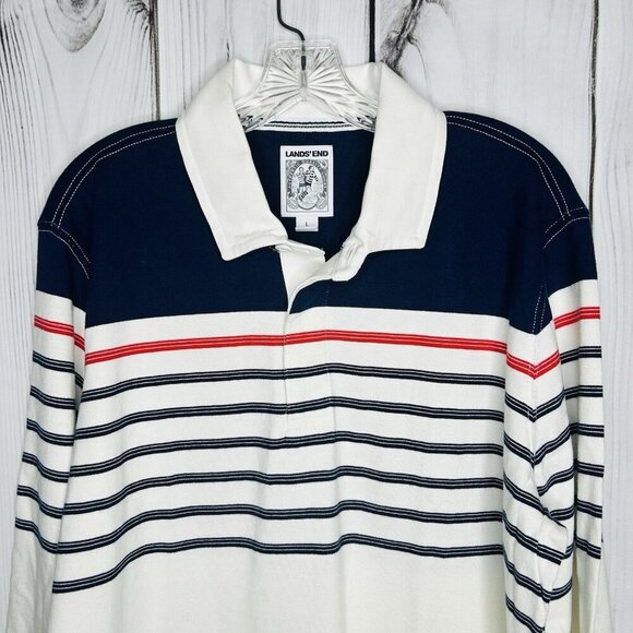 Lands' End Black and White Striped Polo Shirt - Picture 2 of 7